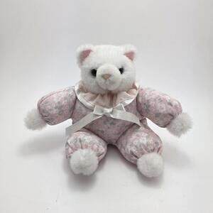 Russ Berrie White Cat Floral Ribbon Ruffle, Vintage Collectible Cat (6 inch)